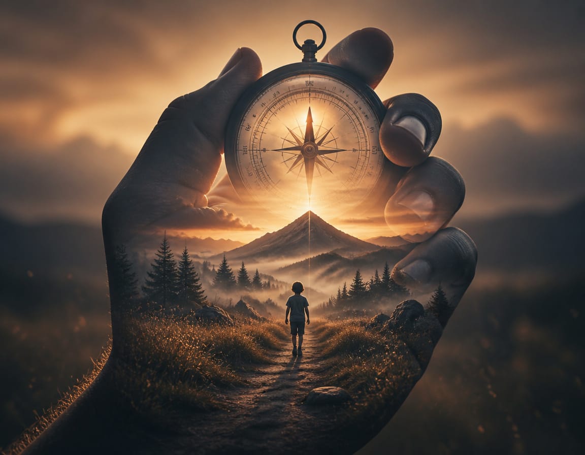 Double exposure artwork: hand holding a vintage compass overlayed with a child hiker on a misty mountain path at golden su...
