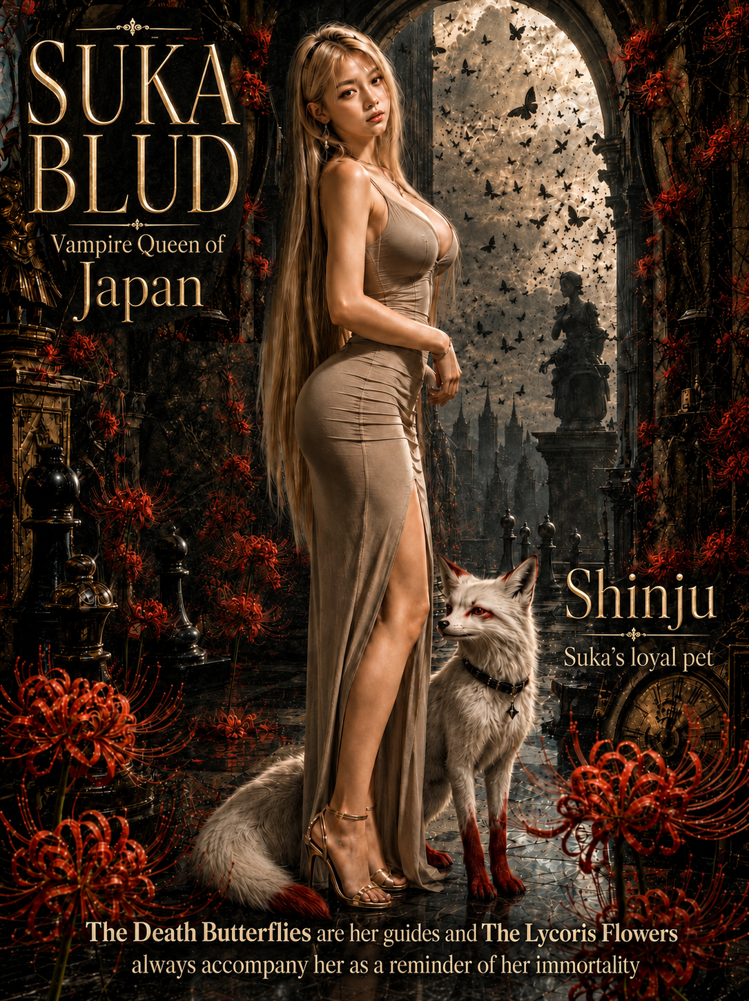 Gothic fantasy poster of blonde vampire queen Suka Blud standing with her loyal white fox pet in an ornate dark castle cou...