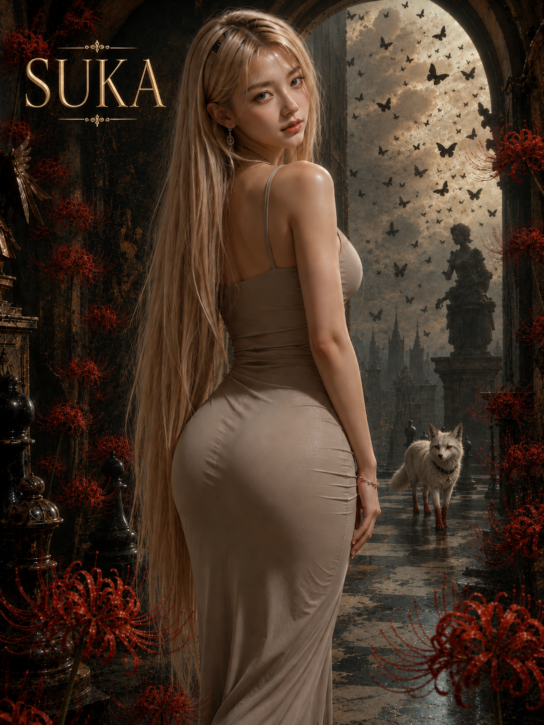 Young platinum blonde woman in a fitted beige gown looks over her shoulder in a gothic fantasy corridor with a white fox a...