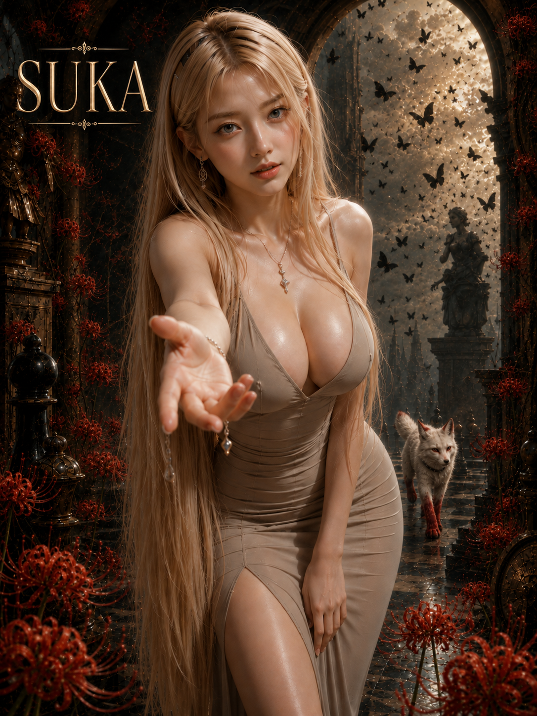 [Long-haired blonde fantasy woman extends her hand toward the viewer, in a gothic castle corridor with a wolf, butterflies...
