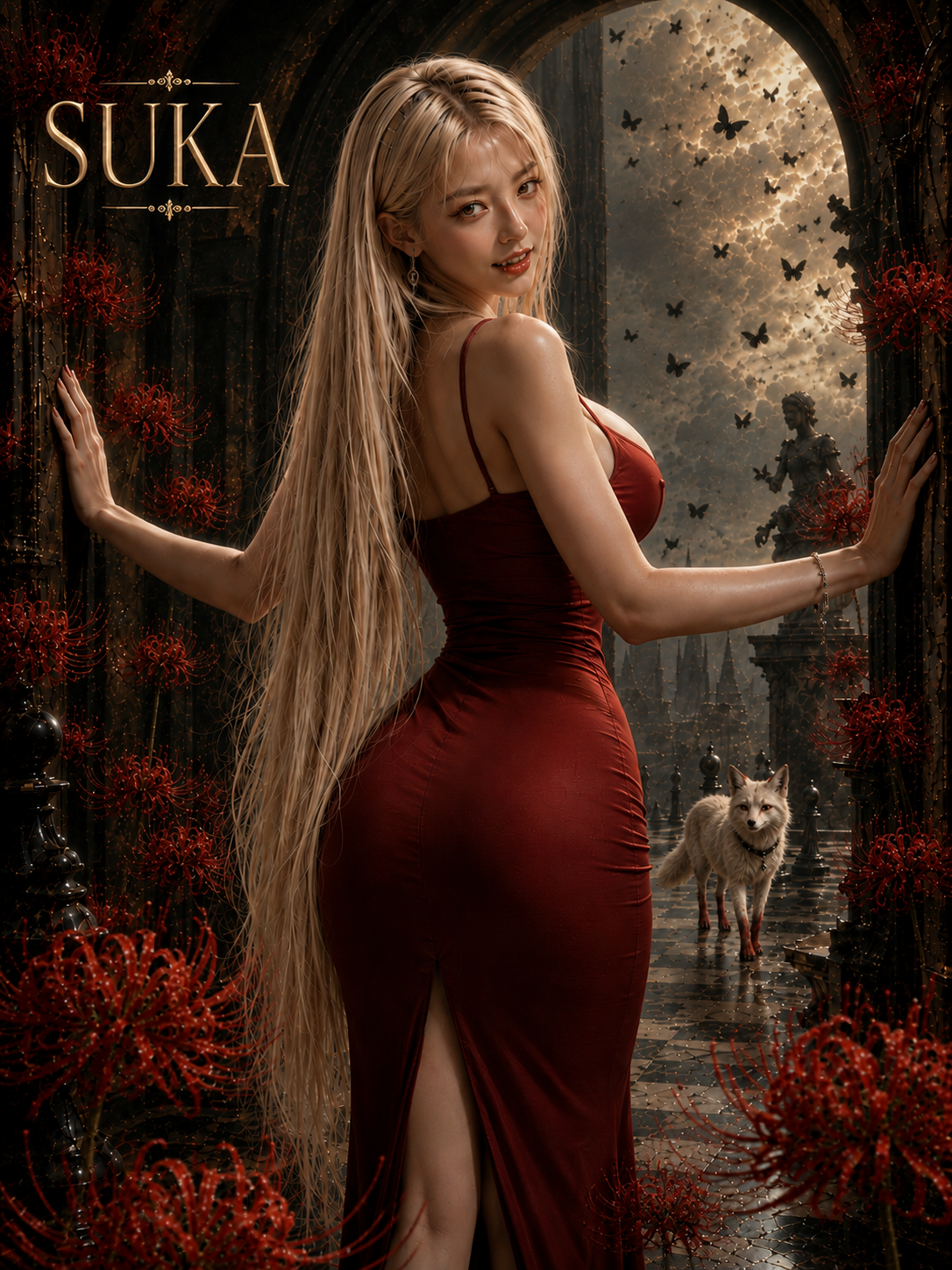 [Long platinum blonde woman in a red gown stands in a gothic archway, surrounded by red spider lilies, with a white wolf i...