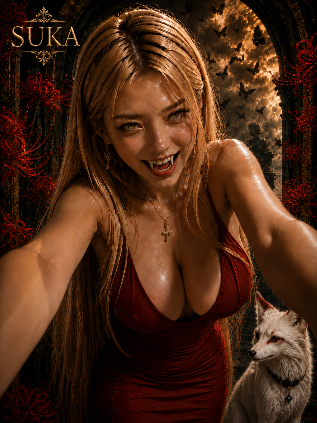 [Blonde vampire woman with fangs takes a selfie in a red dress, with a white fox at her side in a dark gothic fantasy sett...