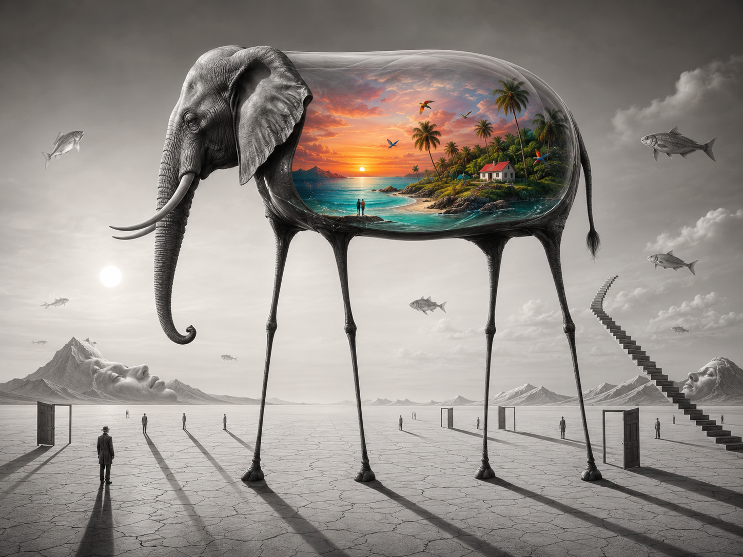 Surreal Dali-style long-legged elephant with a vibrant tropical sunset beach scene inside its translucent body, set in a b...