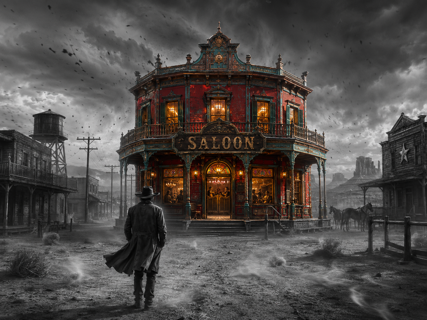 Lone cowboy in a flowing duster approaches an ornate glowing old west saloon under a stormy desert ghost town sky.