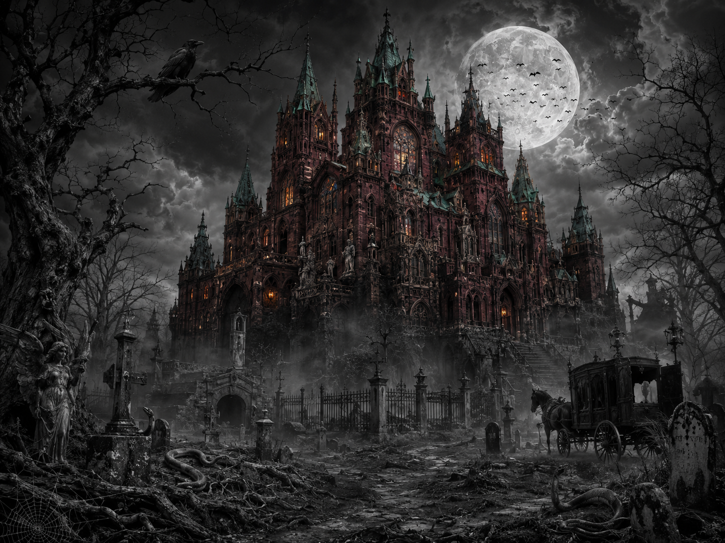Ornate gothic haunted castle under a full moon, overlooking a foggy overgrown spooky graveyard at midnight.