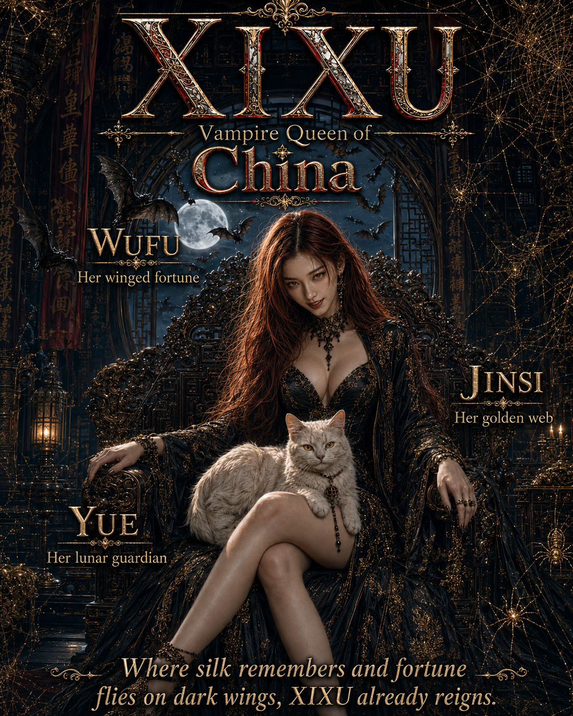 [Fantasy poster of Xixu, Vampire Queen of China, seated on an ornate throne with a fluffy white cat in a moonlit gothic pa...