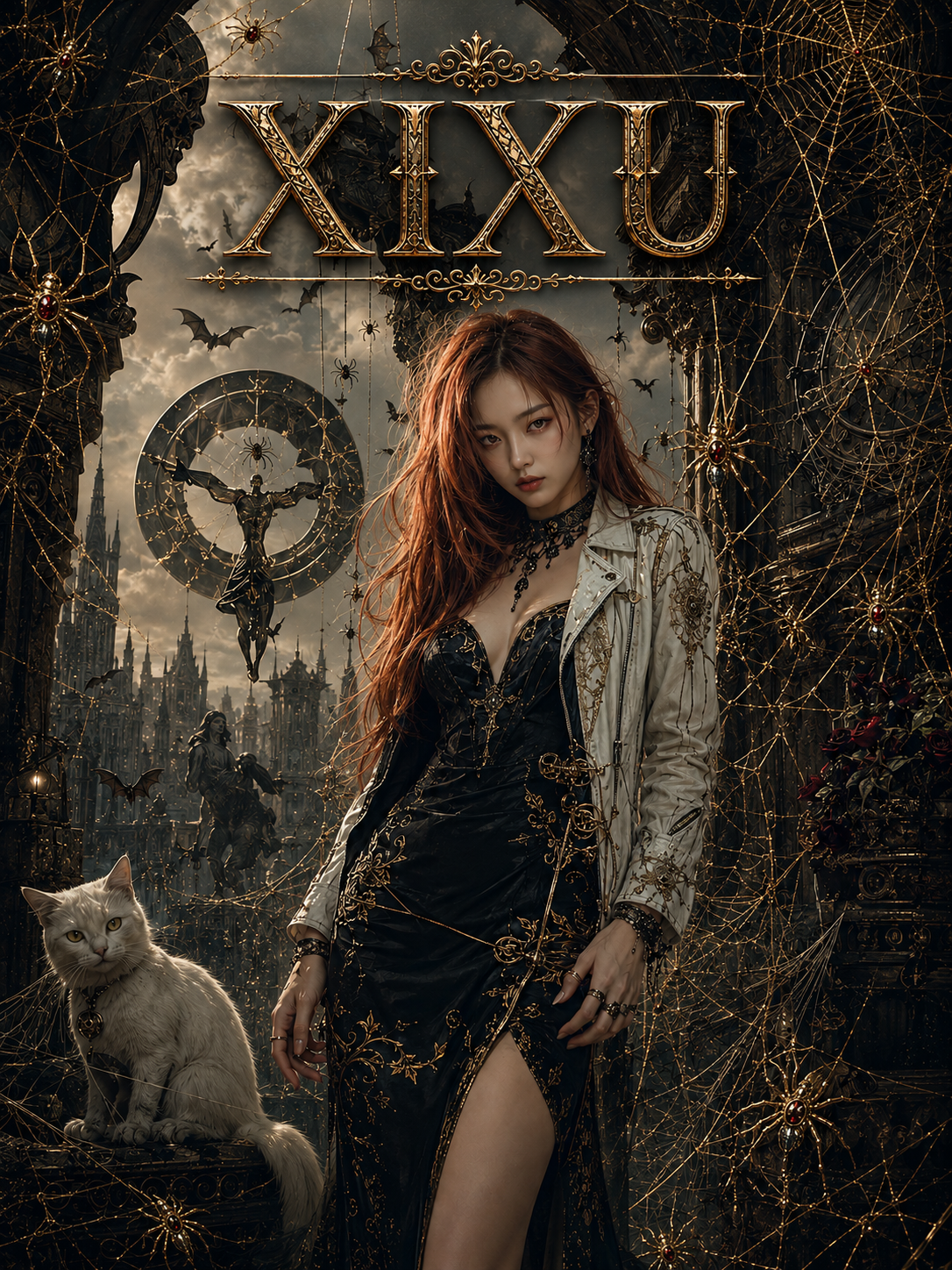 Gothic fantasy portrait of red-haired woman beside a white cat, framed by golden spider webs with ornate XIXU title text a...