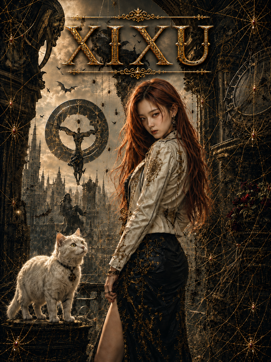 Ornate gothic fantasy poster featuring a red-haired woman, fluffy white cat, dark spired city, and gilded "XIXU" title hea...
