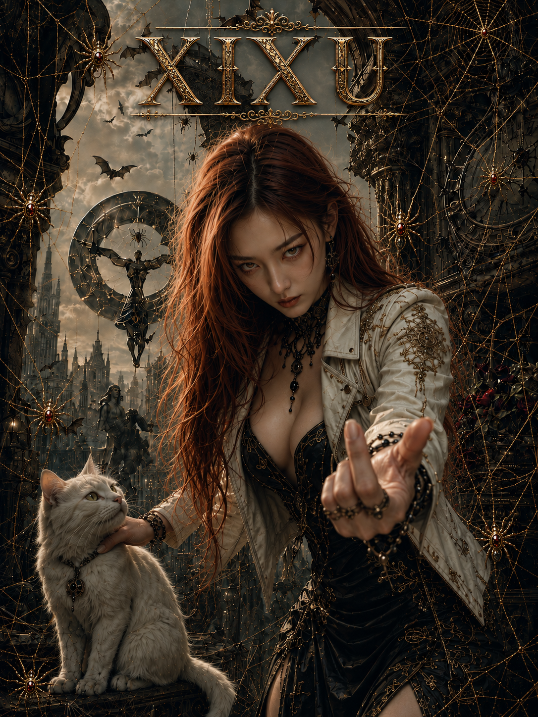 Gothic fantasy portrait of red-haired woman with a fluffy white cat, framed by gilded spider webs with ornate XIXU title t...
