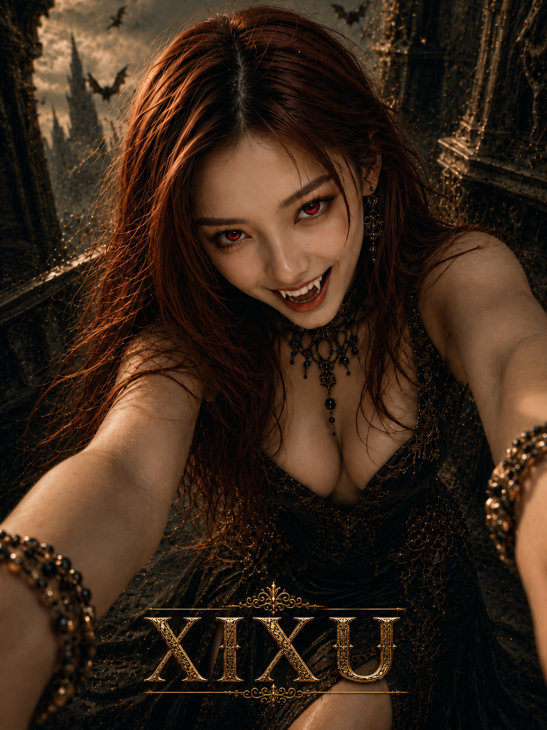 Female vampire with auburn hair, red eyes, and fangs leans in for a selfie on a gothic castle balcony