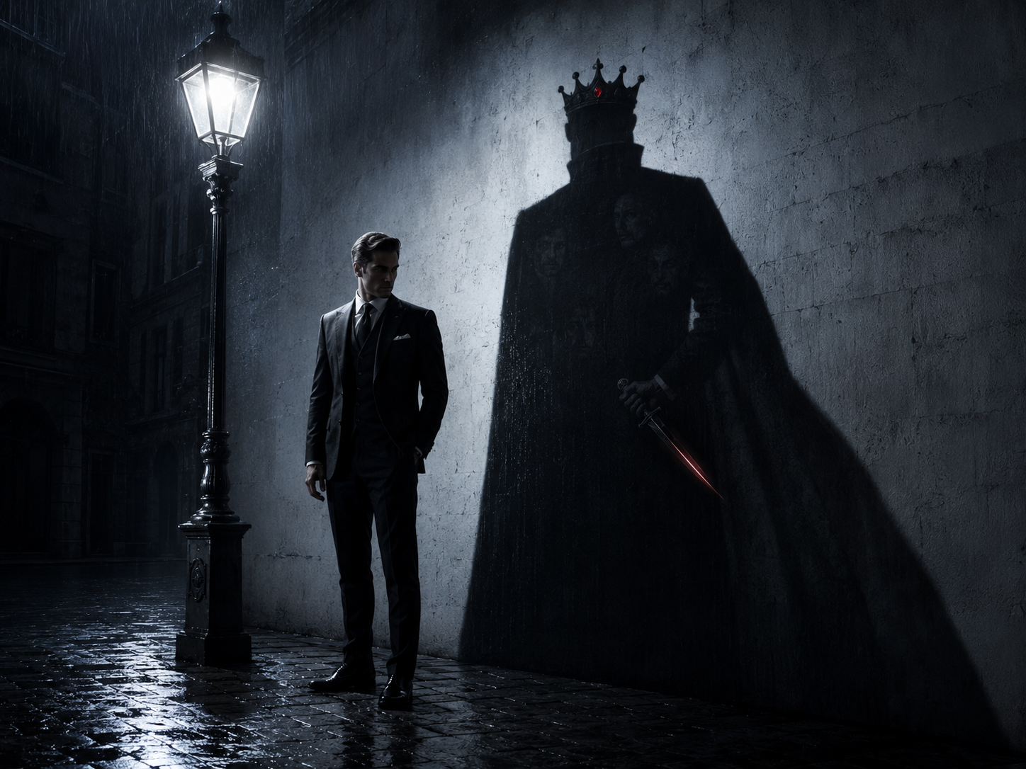 Man in a formal suit under a glowing rainy streetlamp casts a giant shadow of a crowned sword-wielding king on a wall.
