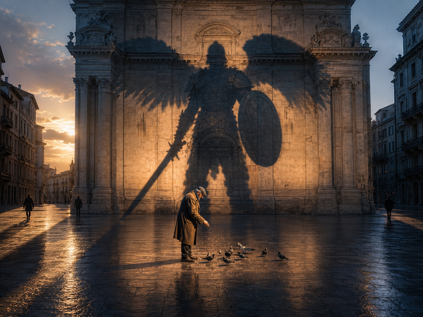 Elderly man feeding pigeons as a giant winged warrior shadow looms on a historic building at golden sunset.