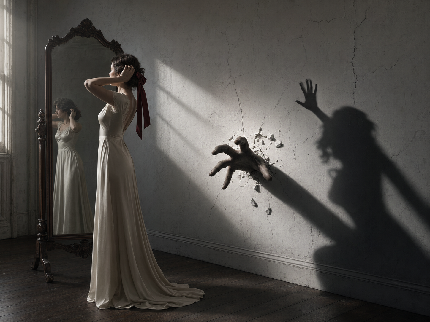 [Woman in vintage gown adjusts hair at an ornate mirror, unaware a monstrous hand bursts through the cracked wall beside h...