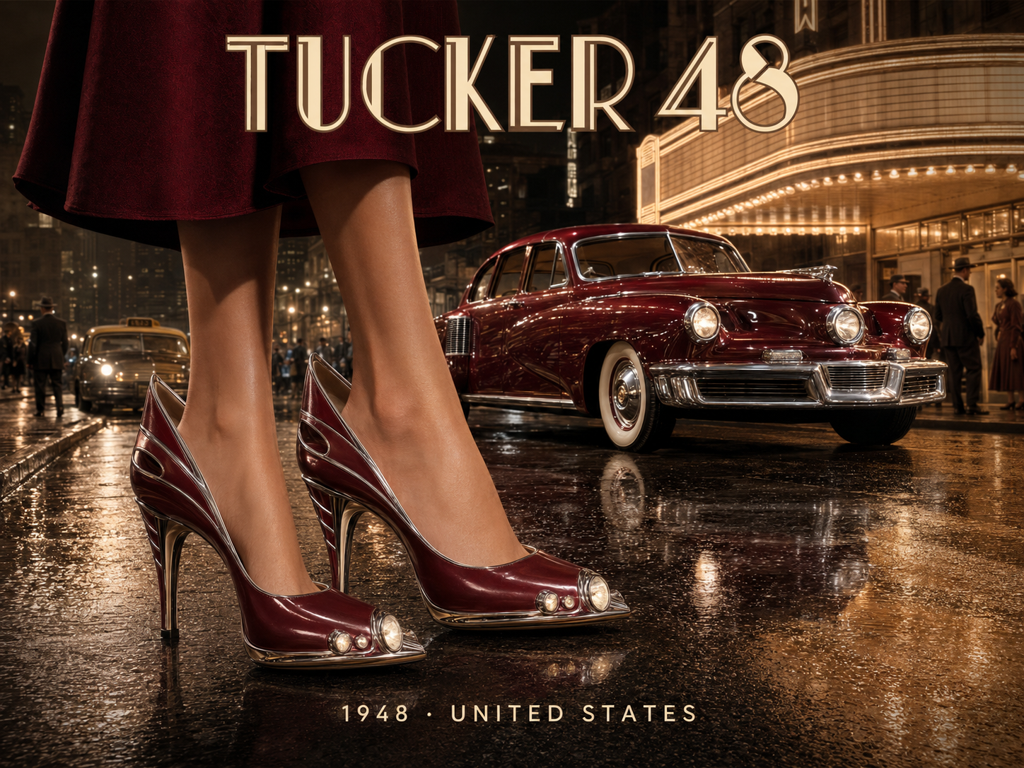 Surreal 1948 Tucker 48 poster showing matching burgundy headlight high heels next to classic sedan on wet night city street.