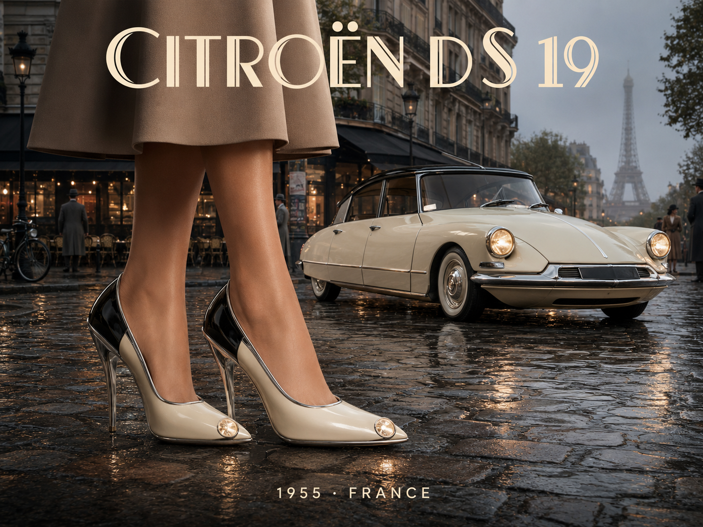 Close up of woman's elegant stilettos next to a vintage Citroën DS 19 on a rainy 1955 Paris street, Eiffel Tower in the d...
