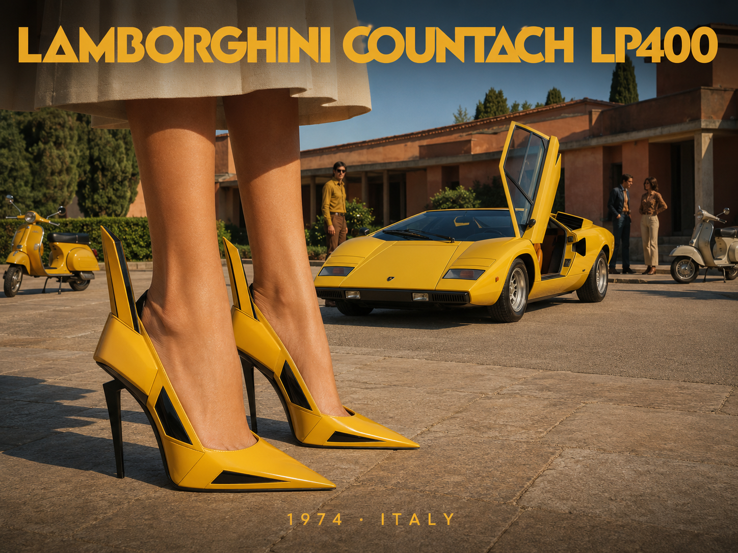 [Angular yellow Countach-inspired high heels in foreground, matching Lamborghini Countach LP400 in a 1974 Italian villa co...