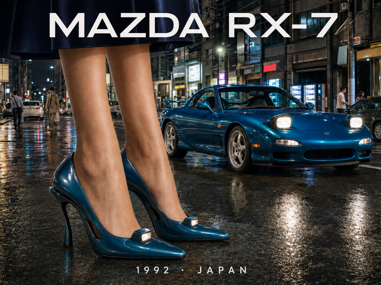Surreal Mazda RX-7 art, matching teal headlight high heels on a wet 1992 Tokyo night city street.