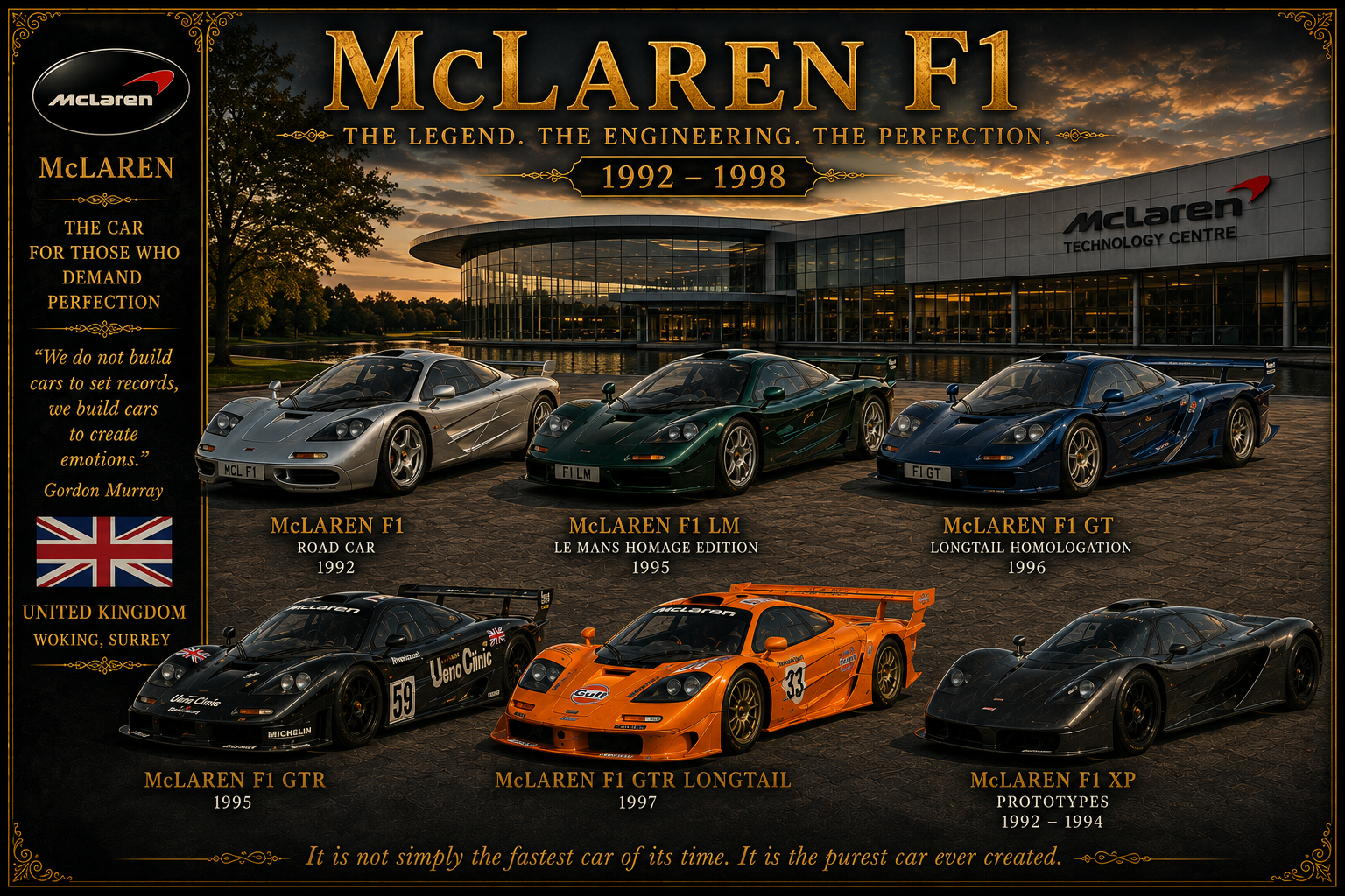 Commemorative poster showcasing all 6 McLaren F1 supercar variants in front of the McLaren Technology Centre at sunset.