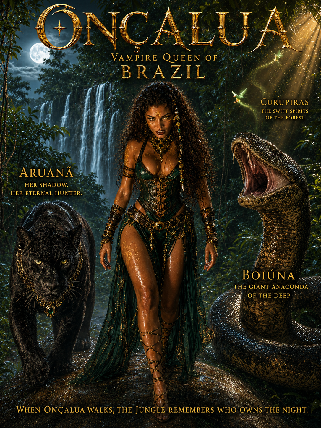 [Fantasy book cover: Onçalua Vampire Queen of Brazil stands between a black panther and giant anaconda in a moonlit Amazo...