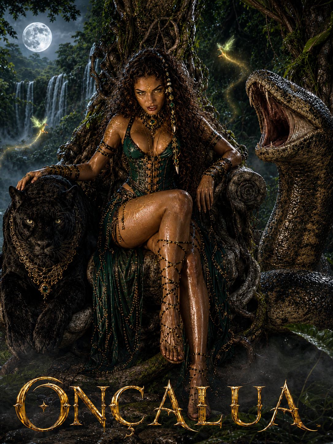 [Dark fantasy jungle goddess Oncalua sits on a gnarled root throne flanked by a black panther and giant serpent in a moonl...