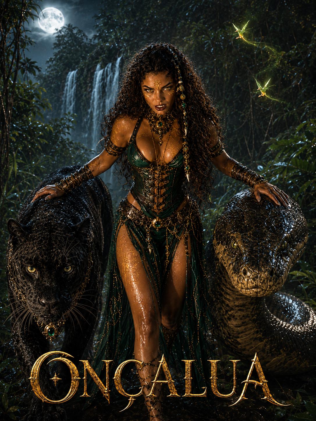 Fierce jungle goddess flanked by black panther and giant serpent, moonlit rainforest fantasy poster for Oncalua