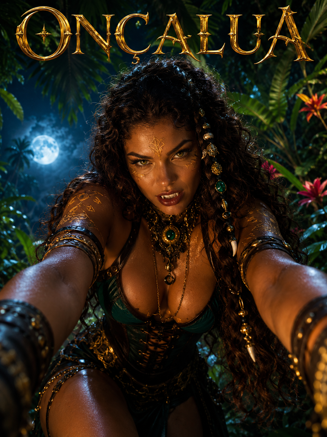 [Fierce fantasy jungle warrior ONCALUA reaches toward the viewer, set against a moonlit tropical rainforest with ornate go...