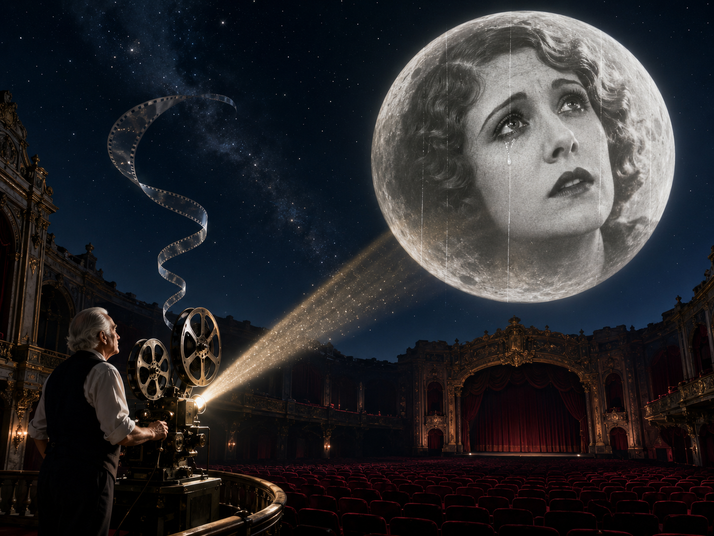 [Surreal composite art: projectionist projects silent film actress face onto full moon above ornate vintage theater under ...