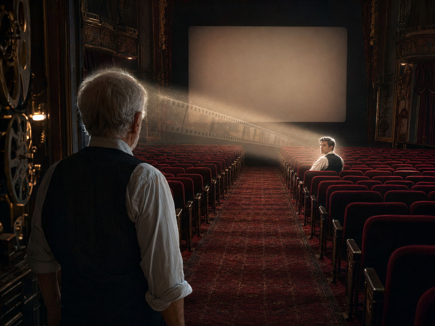 Elderly projectionist faces his younger self across an empty vintage theater, a glowing film strip beam connecting them.