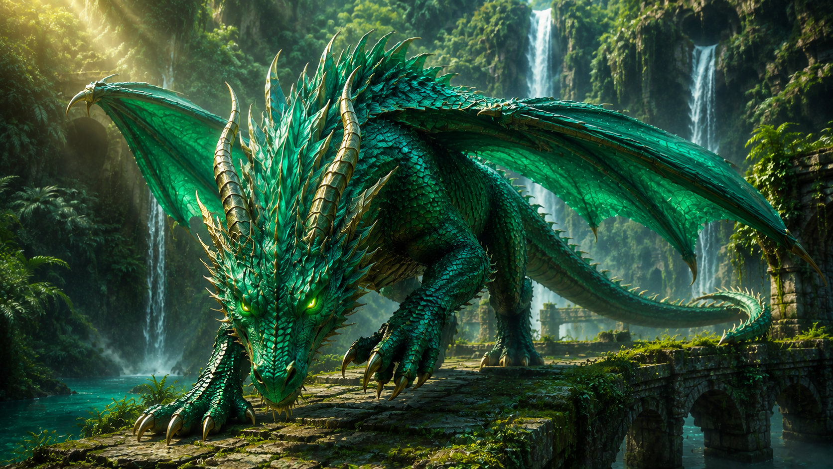 [Majestic scaled emerald dragon with glowing green eyes stands guard on a mossy ancient stone bridge in a sunlit jungle wa...