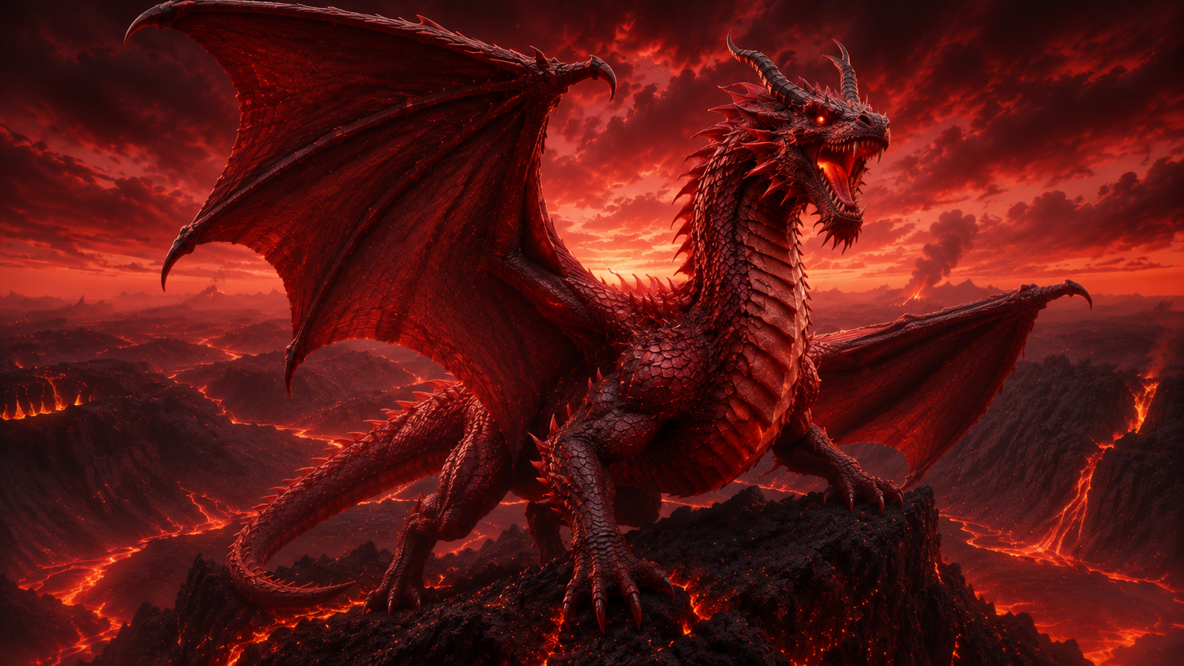 Menacing roaring red fire dragon perched on a volcanic rock peak, wings spread, overlooking a lava-filled hellscape under ...