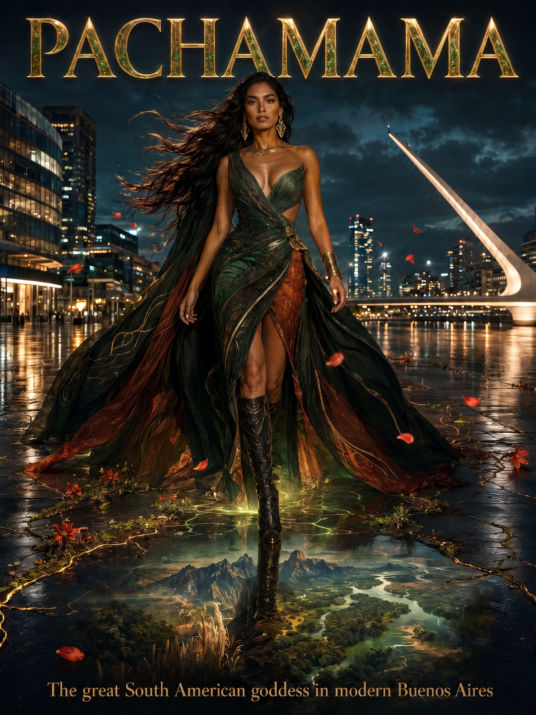 [Pachamama, the Andean earth goddess, stands on a wet Buenos Aires waterfront with a glowing natural landscape spreading f...