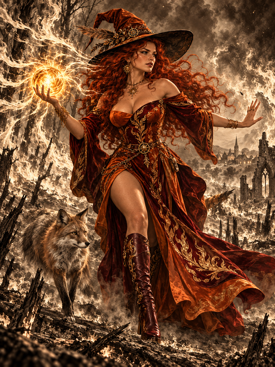 Red-haired fire witch conjures glowing flame magic beside her fox familiar in a burning charred forest