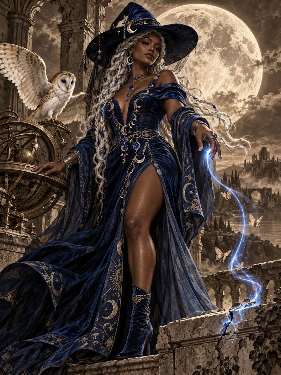 Regal celestial witch in navy robes stands on ancient ruins with a barn owl, casting glowing magic under a full moon