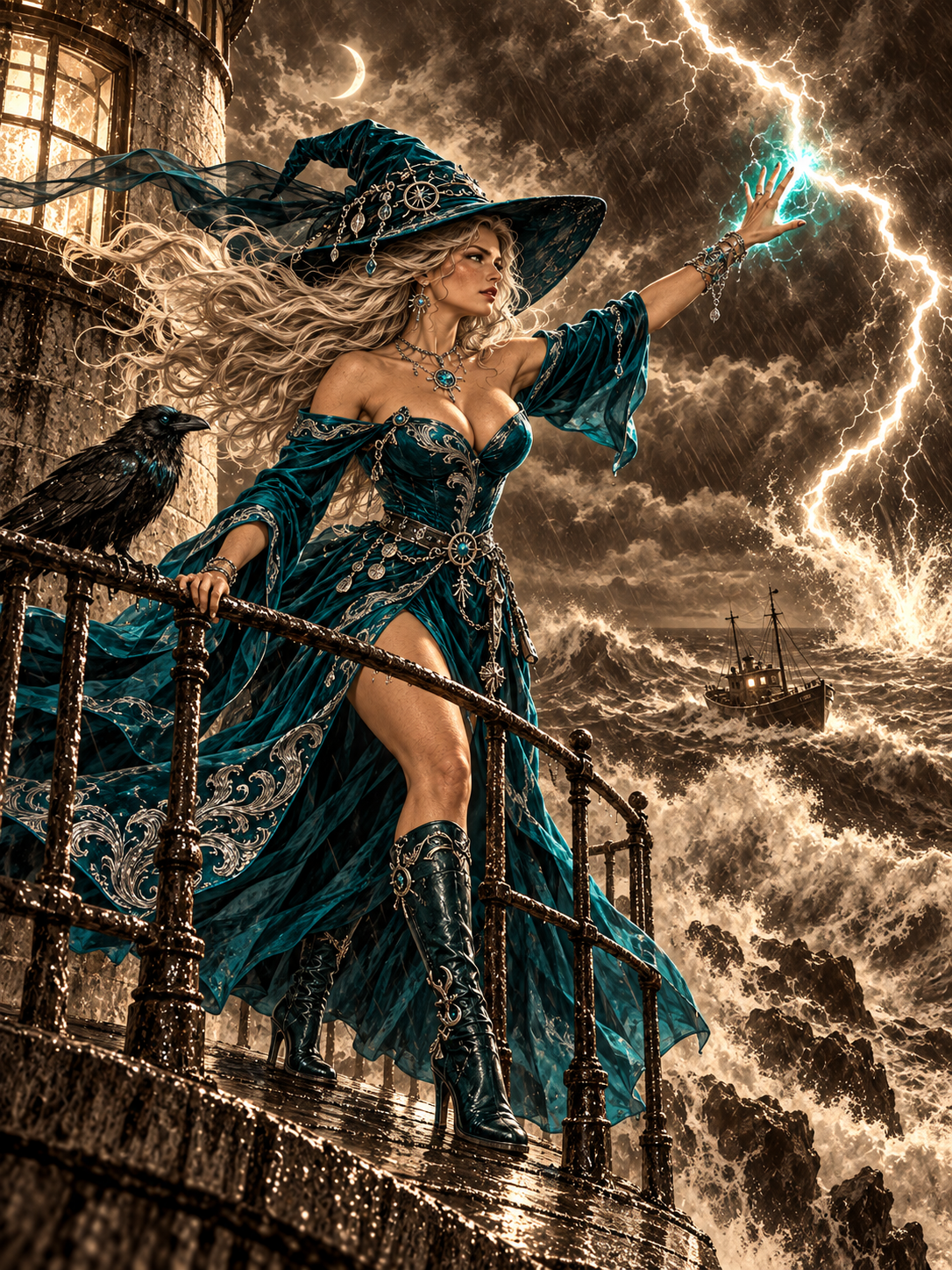 Sea witch casting lightning from a lighthouse balcony during a raging coastal storm, raven perched beside her