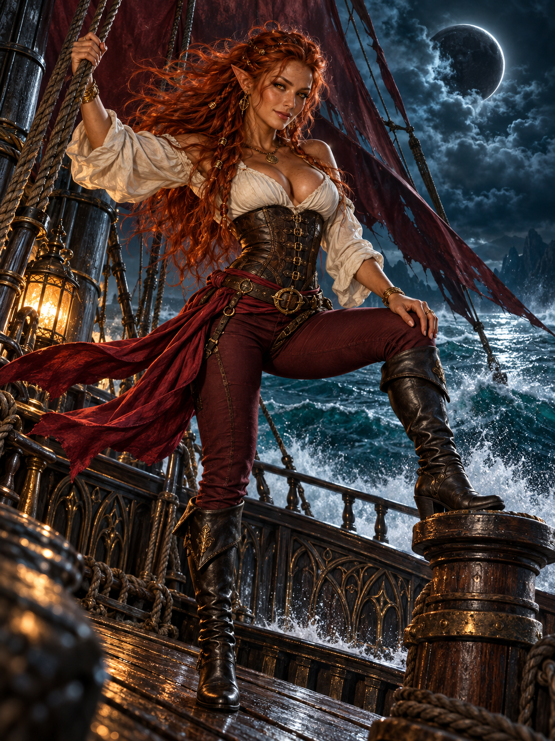 Confident red-haired elf pirate stands on a storm-tossed ship deck under a crescent moon