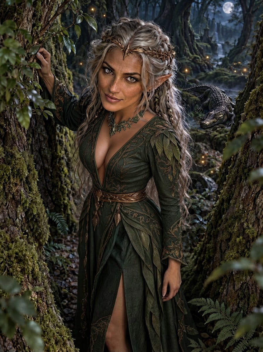 Silver-haired elven queen in an embroidered green gown stands between mossy trees in a moonlit enchanted forest