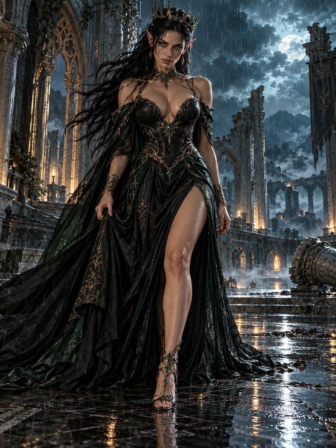 Regal dark elf queen in an ornate black gown stands in rainy moonlit gothic castle ruins