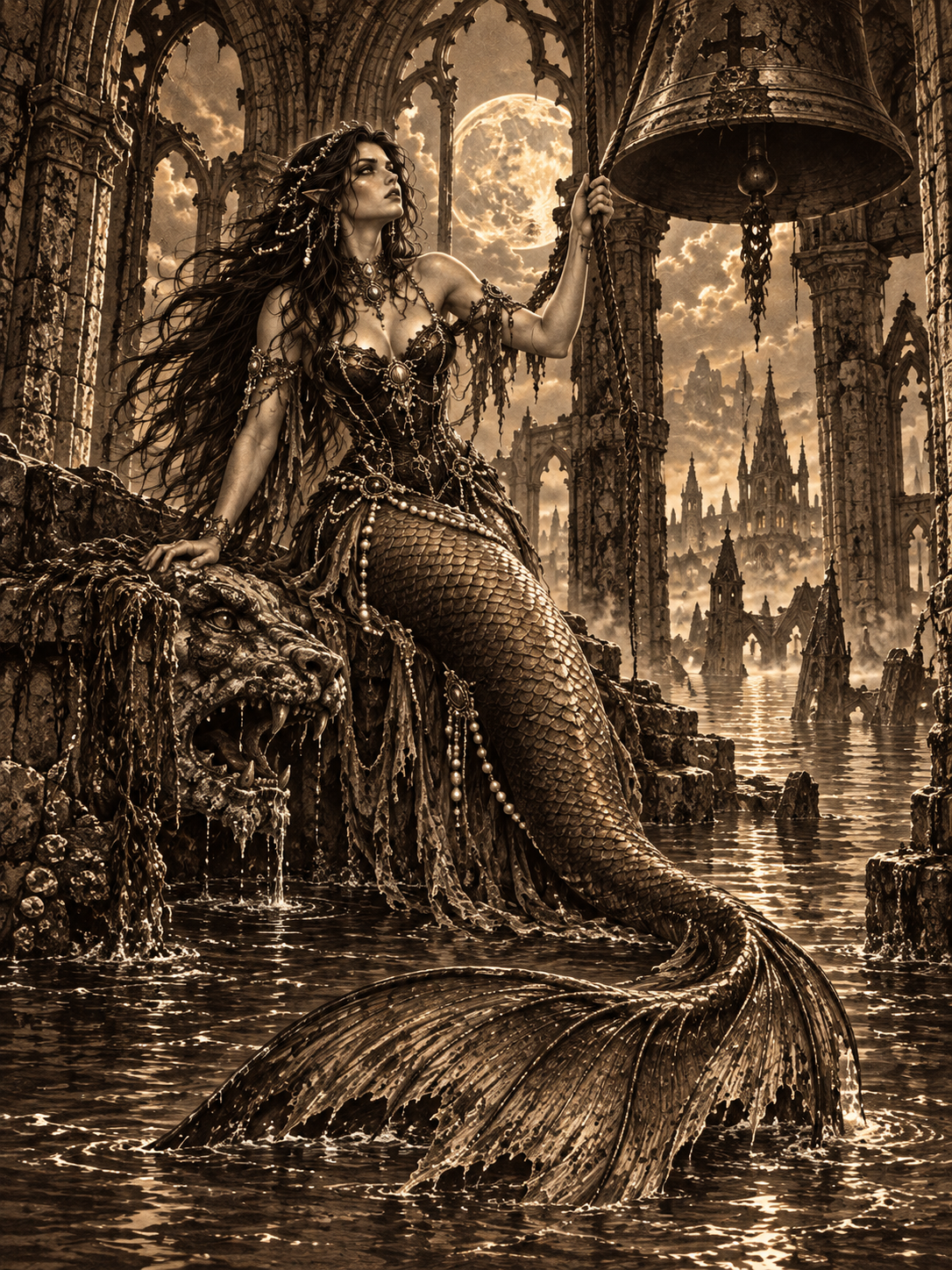 Dark fantasy elven mermaid rings a large bell atop flooded gothic cathedral ruins under a full moon