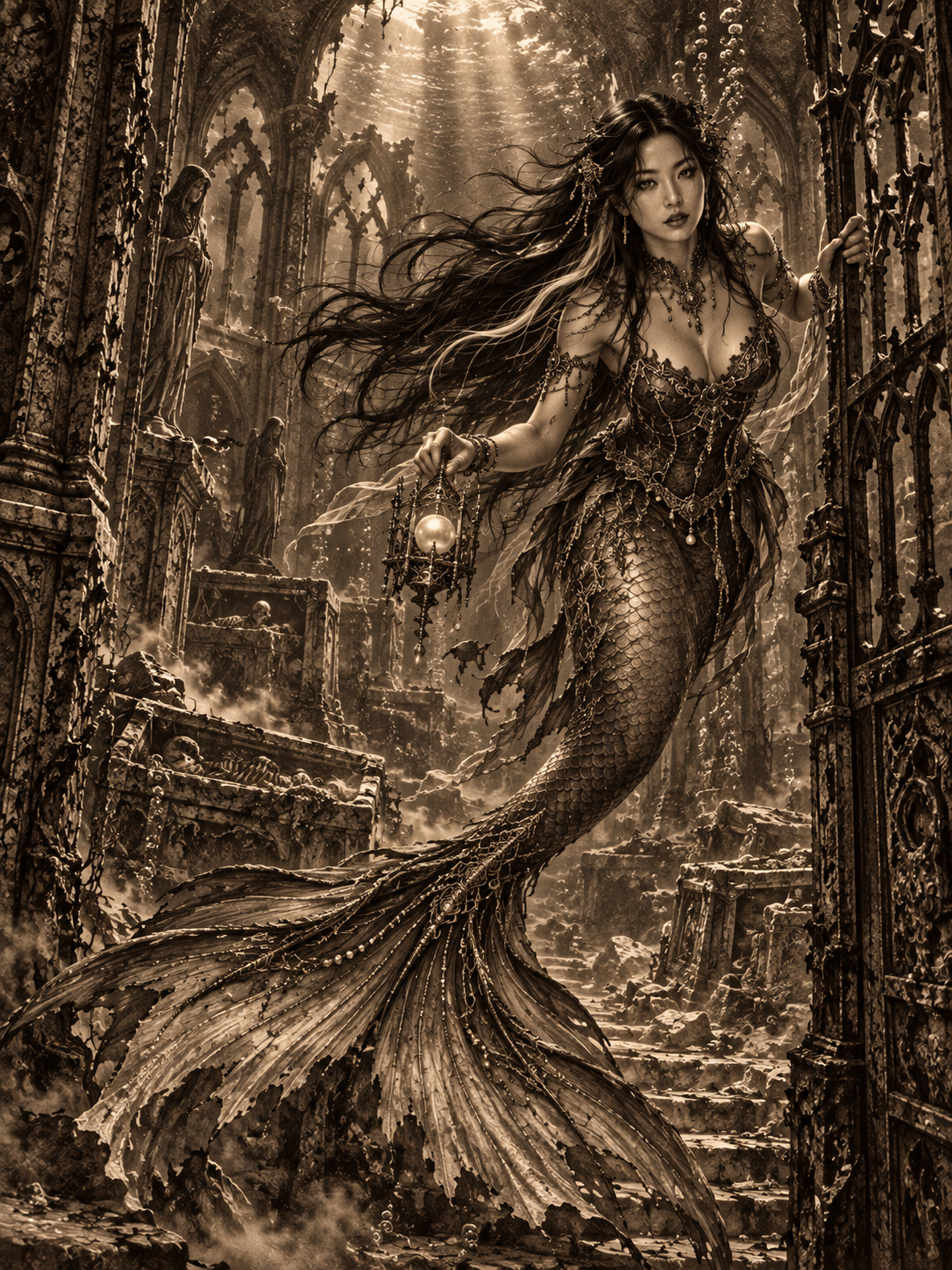 Gothic fantasy mermaid holding a pearl lantern floats through sunken underwater cathedral ruins