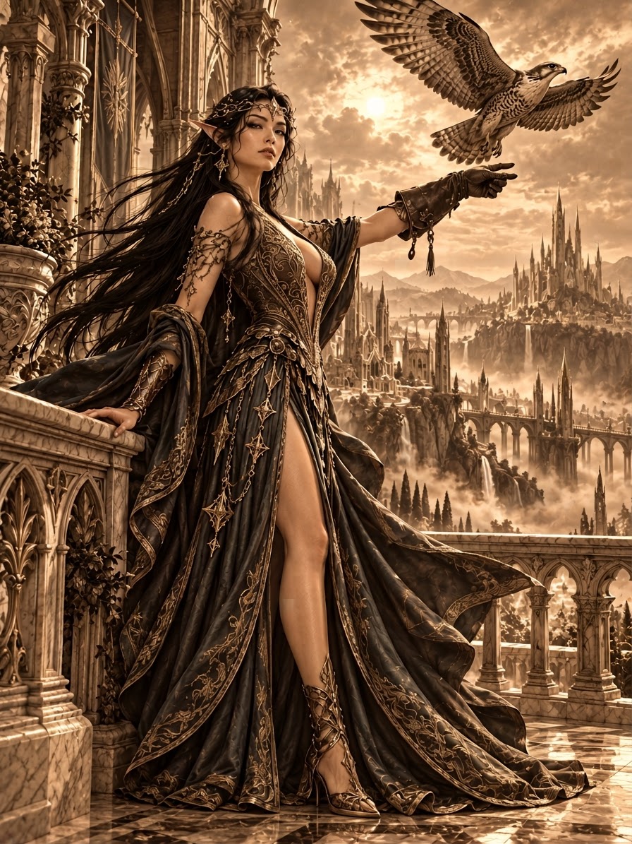 Regal elven noble stands on a gothic castle balcony as a falcon perches on her outstretched hand overlooking a fantasy city