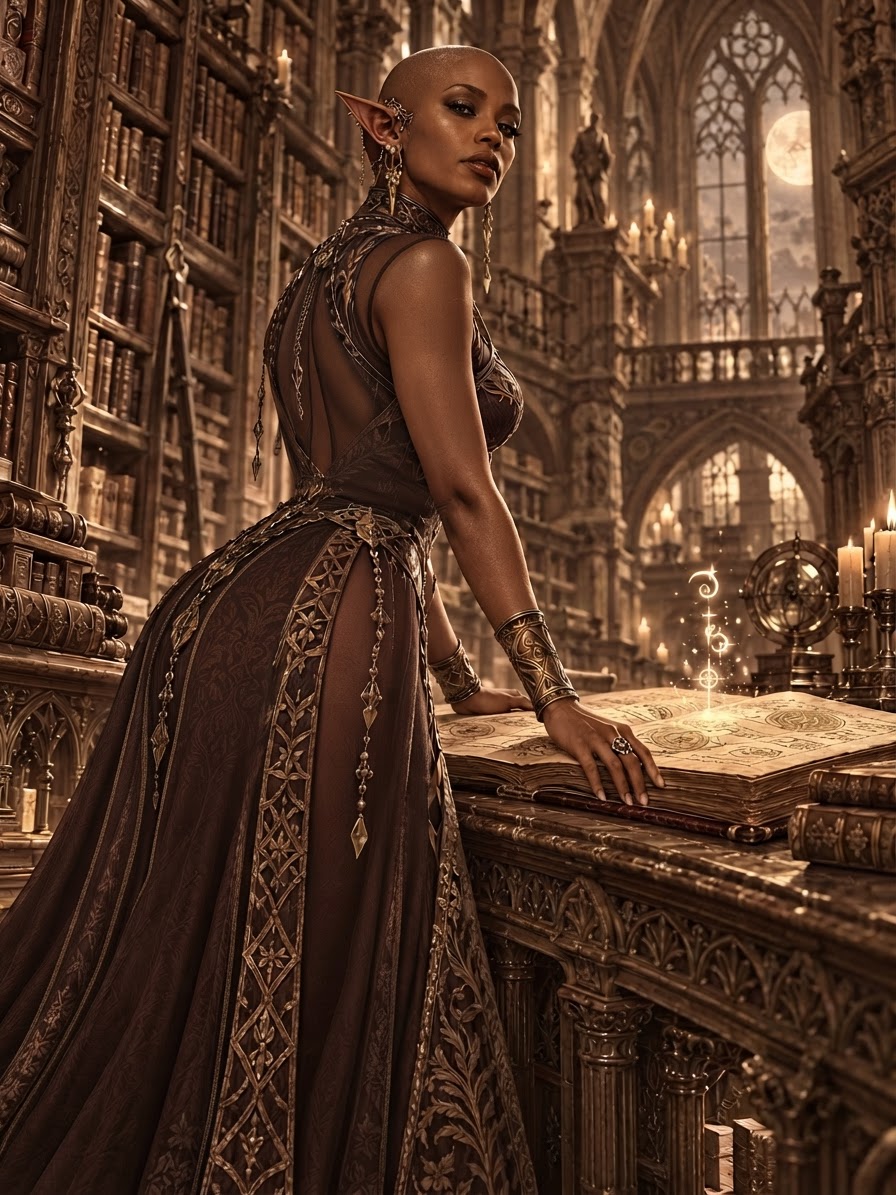 Bald dark-skinned elven mage resting a hand on a glowing spellbook in an ornate gothic library