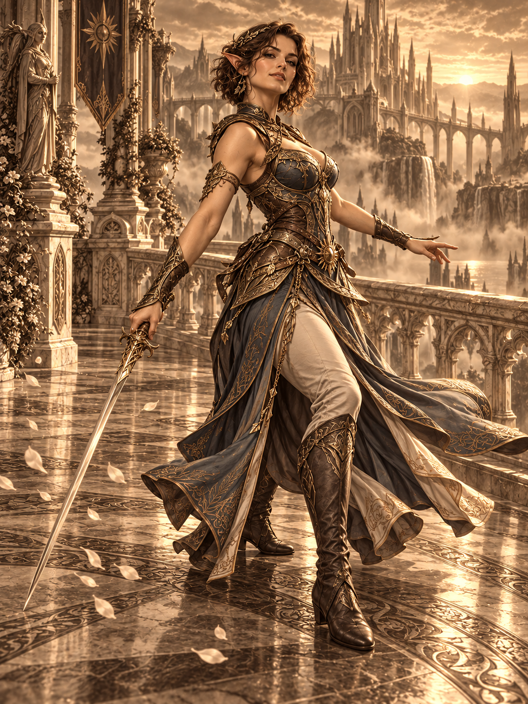 Regal elf warrior holding an ornate sword stands on a fantasy castle terrace at golden sunset