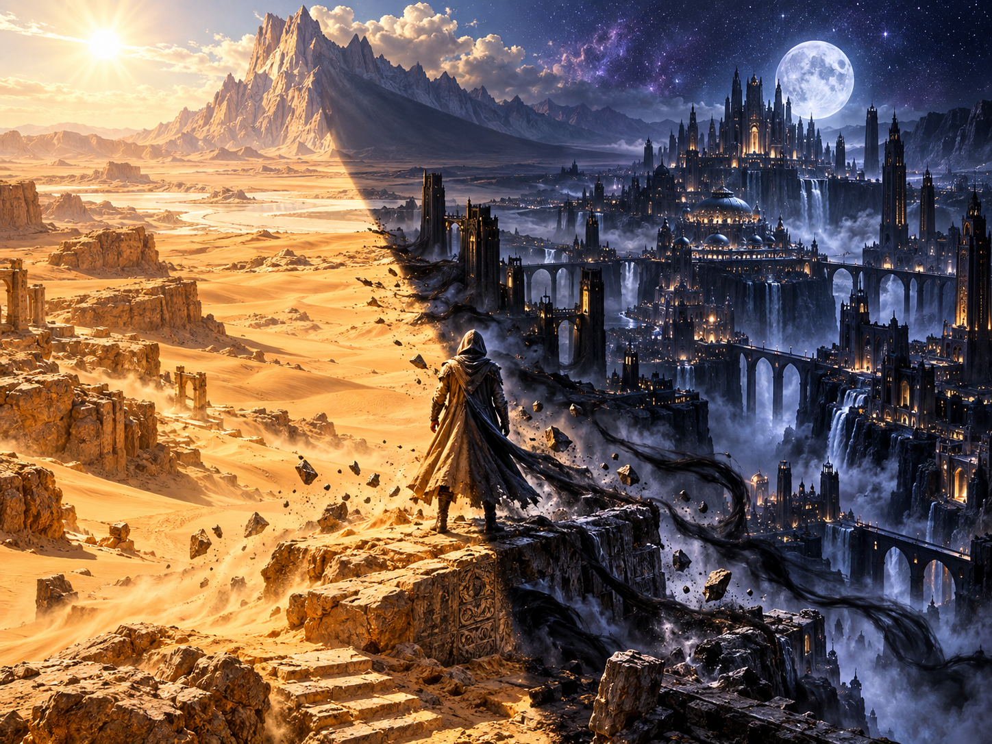 Hooded wanderer stands at a split between sunlit desert ruins and a glowing moonlit fantasy city