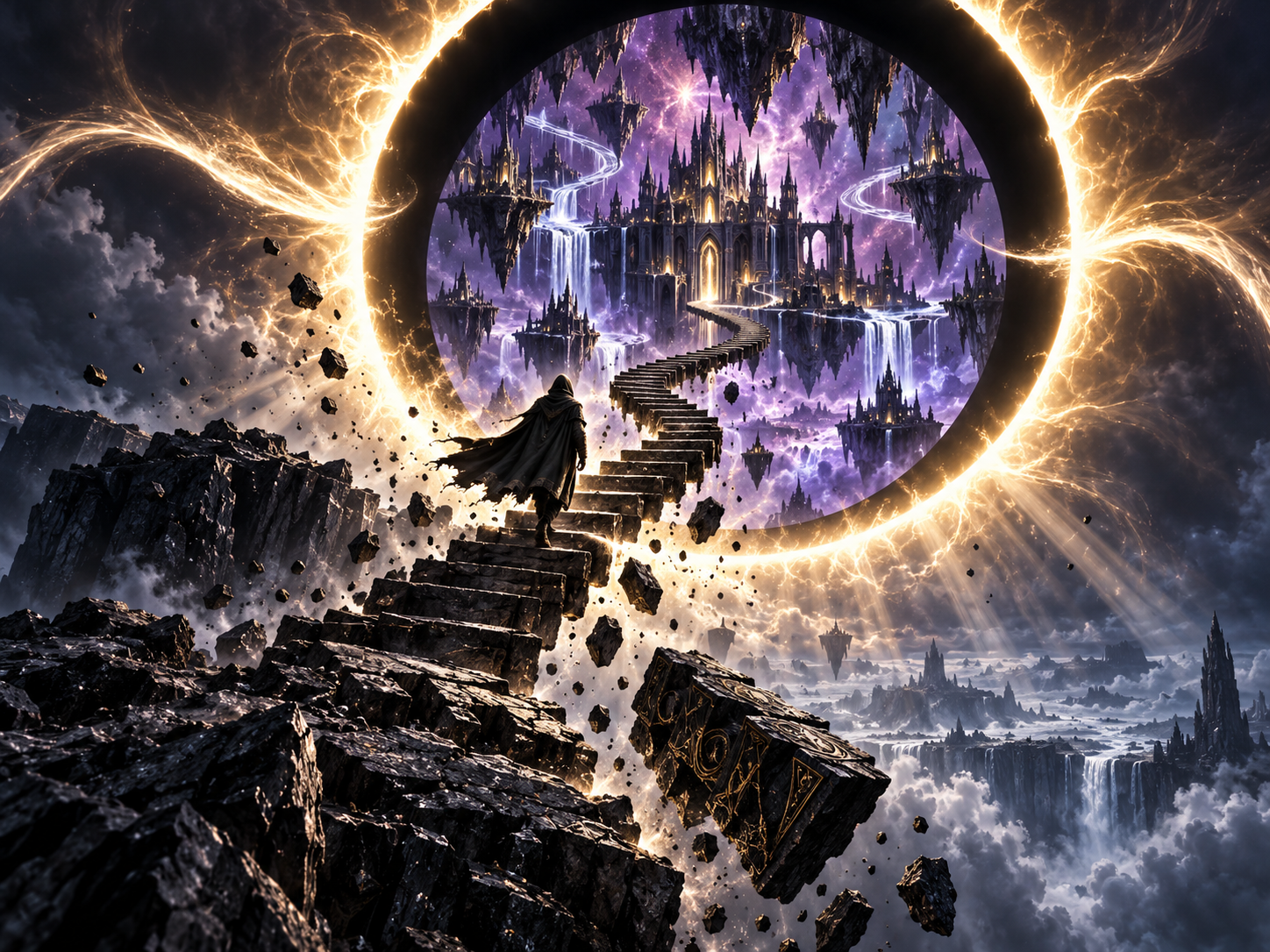 Hooded wanderer climbs floating stone stairs through a glowing golden portal to a floating fantasy castle realm