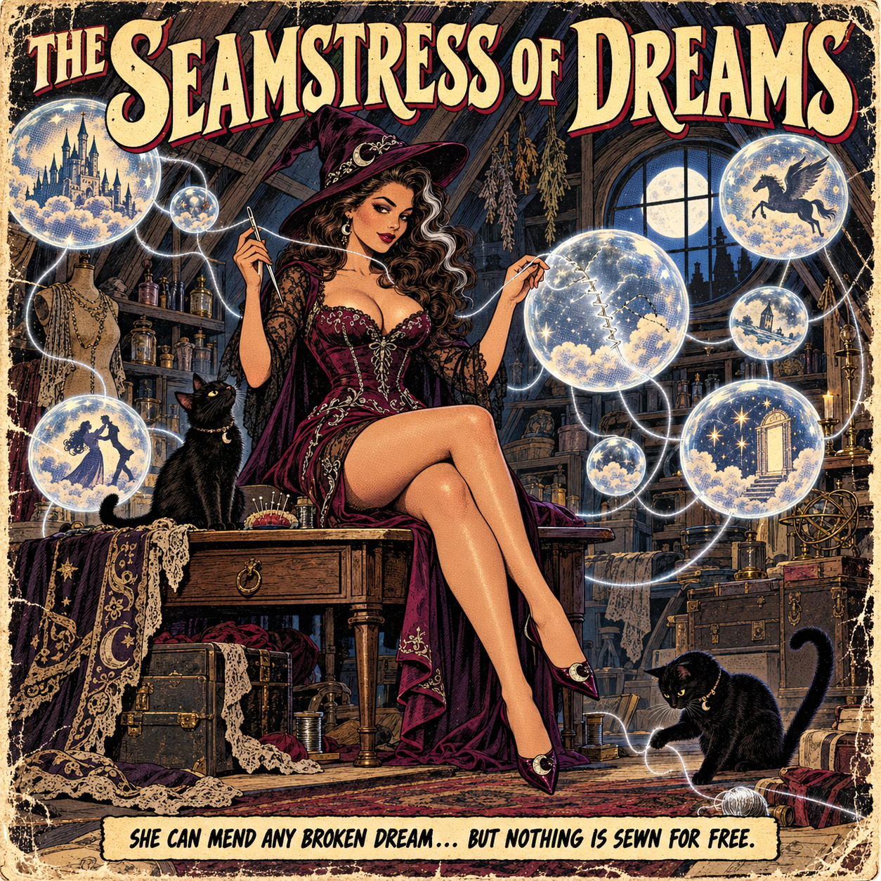 Glamorous witch Seamstress of Dreams stitches glowing dream orbs — AI ...
