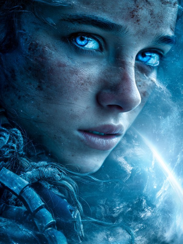 Close-up of a person with icy blue eyes and frost on their face in a cool blue-lit, icy environment.
