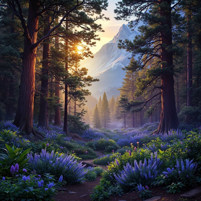 Sunlit pine forest with purple lupine flowers and a distant snowy mountain.