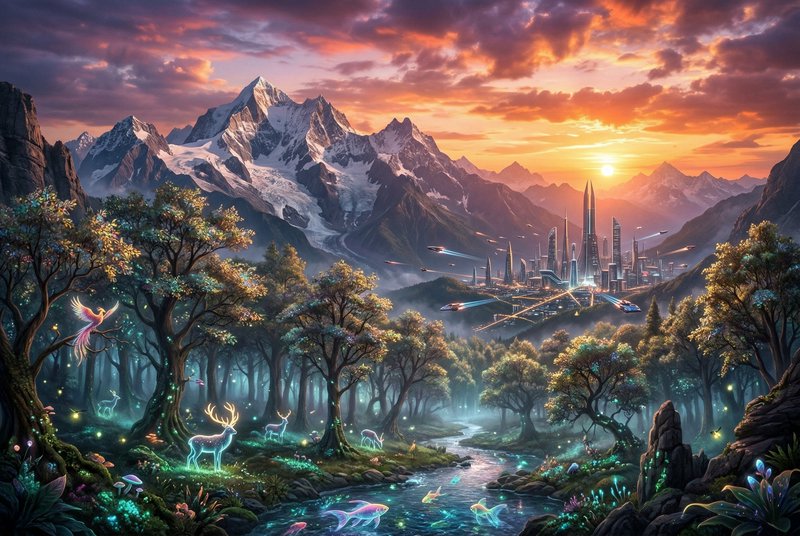 Sunrise over a valley with snow-capped mountains, a glowing futuristic city, and a magical forest with luminous creatures.