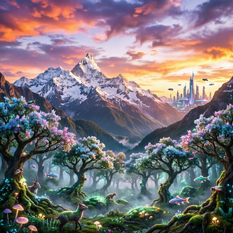 Vibrant fantasy valley with blossoming trees, deer, mist, snow-capped mountains, and a glowing futuristic city in the