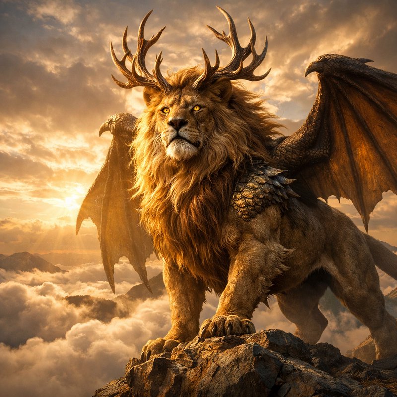 Epic fantasy winged lion with antlers standing on a rocky cliff at sunset